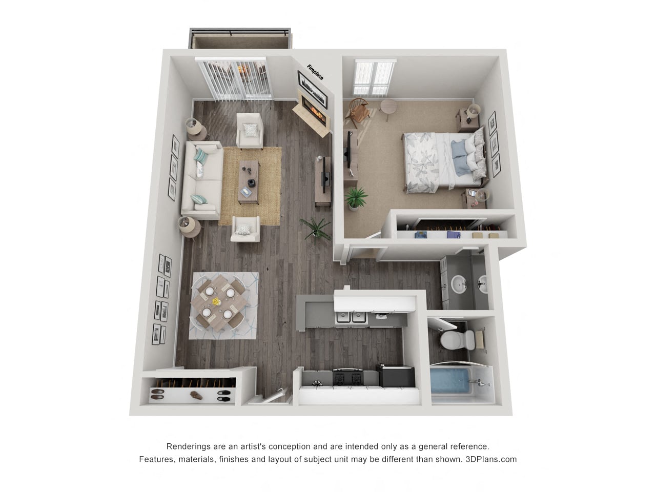 Floor plan for 1 bed, 1 bath, 729 sqft